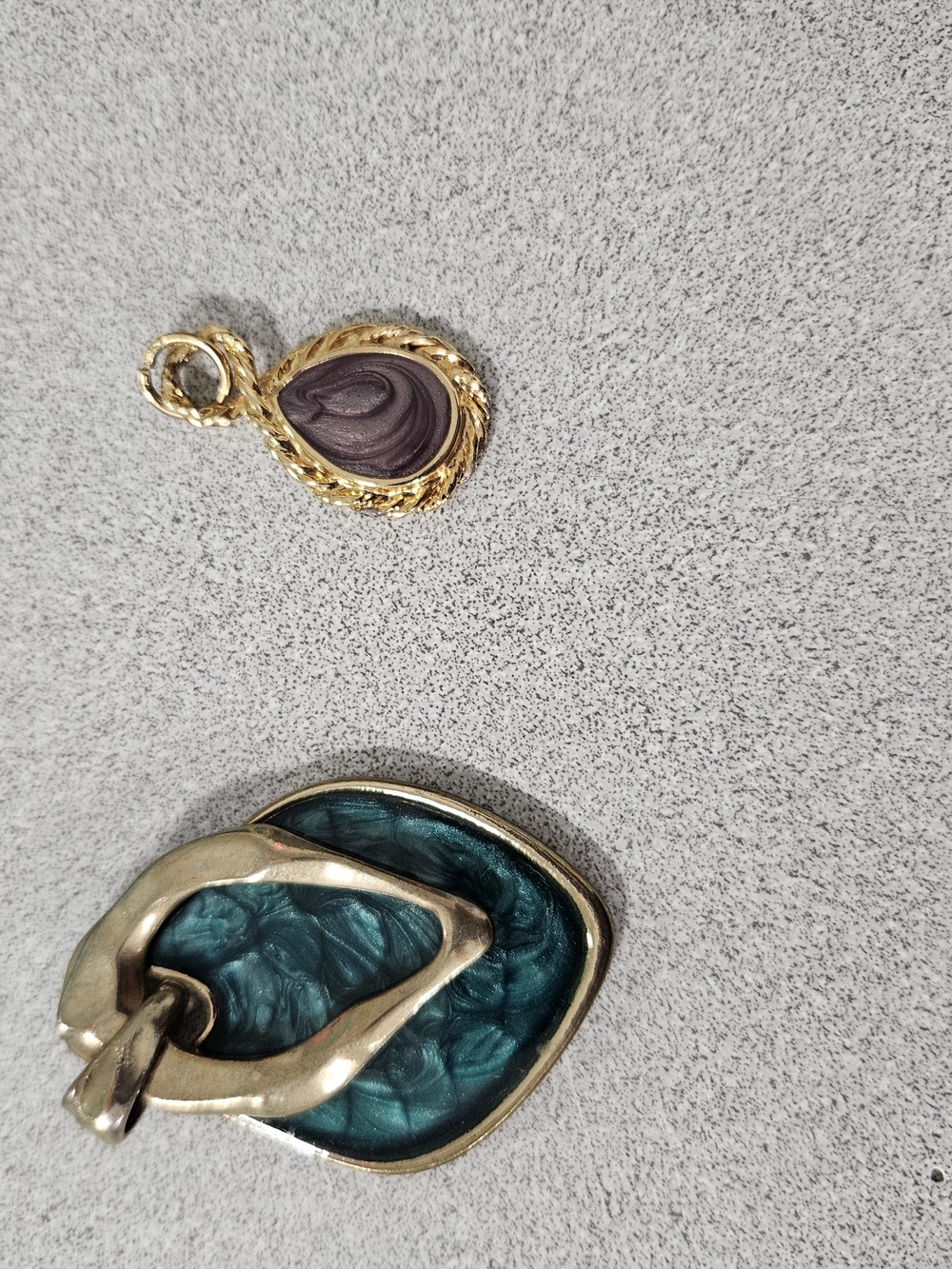 Gold Teardrop Pendant with Purple Accent and Gold-Trimmed Teal Pendant (II-6)